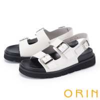 【ORIN】寬版雙帶釦牛皮平底涼鞋(白色)