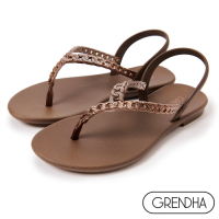 (夏日休閒推薦鞋)Grendha 晶鑽鍊帶時尚夾腳涼鞋-咖啡
