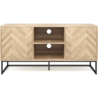 Media Console Cabinet or TV Stand With Doors for Hidden Storage in a Natural Reclaimed Herringbone Wood Pattern and Metal Shelf