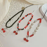 Kawaii Red Cherry Mobile Phone Chain Anti-Lost Lanyard Key Short Wrist Rope Jewelry Keychain Women Hand-Held Chain