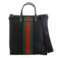 【GUCCI 古馳】619751 經典綠紅綠織帶拼接帆布大容量直立式手提斜背兩用包(黑色)