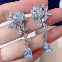 Custom Solid 10K White Gold Stud Drop Earrings Women Rose Flower Water Drop Wedding Anniversary Engagement Moissanite Diamond