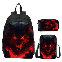 3pcs/set Digital Printed Animal King of Monsters Bad Wolf Fashion Student Backpack for Girls's School Bags and Boy's Book Bag