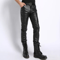 Men's Genuine Leather Pants Natural Real Leather Sheepskin Motorcycle Biker Male Trousers Fashion Black Brand Pants Plus Size