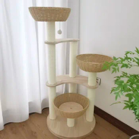 Compact Wooden Cat Tree with Woven Scratchers, Multi-functional Cat Climbing Frame, Small Size Space-saving Design