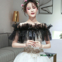 黑色披肩女噴金系帶薄款外搭晚禮服披肩紗短款軟網紗一字肩小披肩#披肩#斗篷#坎肩#裝飾-Misaki精品