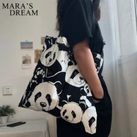 Mara's Dream Cute Panda Canvas Backpack Diagonal Single Shoulder Bag For Girls Female Shopping Casual Large-Capacity With Zipper