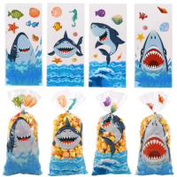 50Pcs Shark Theme Candy Box Favor Cookie Gift Bag with Stickers Kids Ocean Animal Birthday Party Decor Baby Shower Supplies
