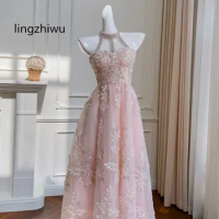 lingzhiwu Luxury Dress Top Quality Halter Neck Sequins Embroidery Ladies Party Dresses Pink Holiday Vestidos New Arrive