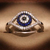 Punk Female Blue Crystal Stone Ring Charm Zircon Silver Color Wedding Rings For Women Dainty Evil Eye Hollow Engagement Ring