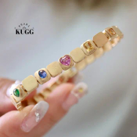 KUGG 18K Yellow Gold Bracelet Romantic Rainbow Design Real Natural Aquamarine Bracelet for Women High Engagement Jewelry