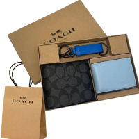 【COACH】COACH C LOGO男款8卡活動證件夾短夾附鑰匙圈禮盒 黑灰.霧藍 送原廠提袋