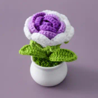 Thread Crochet Knitted Finished Rose Artificial Rose Pots Handwoven Simulation Pot Knitting Rose Flower Bonsai Mini for Home