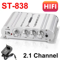 ST-838 HiFi Power Amplifier 2.1 Channel Bass Sound Amp RMS 20Wx2+40W Class D Mini Media Player Car Silver With Home Amp 12V3A