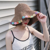 Summer Straw Hat Women Flower Sun Hat Bucket Hat Women Foldable Panama Cap UV Sun Cap Flower Fishing Hat Vacation Beach Hat