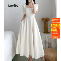 Gaun bola polos Lovito dengan ruffles untuk wanita, gaun leher persegi yang elegan, lex01047 (putih)