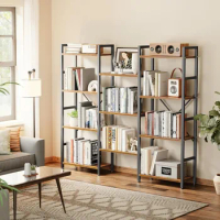 Triple 4 Tier Bookshelf, Bookcase with 11 Open Display Shelves, Wide Book Shelf Book Case for Home &amp; Office, Rustic Brown