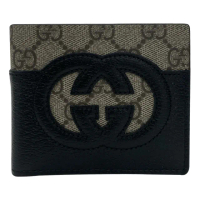 【GUCCI 古馳】皮革拼PVC雙G對開短夾(黑色)