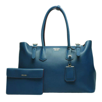 【PRADA】金屬立體LOGO小牛皮手提子母包 藏藍x紅-附萬用小袋(BR5071-BLUETTE)