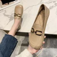 Jinbukang new square-toed mid-cut loafers for women, soft leather small leather shoes, versatile bei