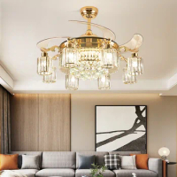 Luxury Crystal Ceiling Fan With Light Invisible Blades 42 48 52 Inch Gold Fan Lamp Bedroom Ceiling Fan Light Remote Control