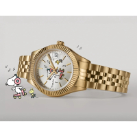 TIMEX  天美時 x Peanuts 限量聯名  34 毫米史努比與Woodstock溜冰 全金屬手錶 (銀x金TXTW2W78700)