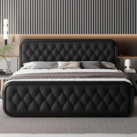 King Size Bed Frame Heavy Duty Bed Frame With Faux Leather Headboard Bedroom Furniture 12" Under-Bed Storage Black