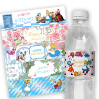 6pcs Alice In Wonderland Custom Water Bottle Labels Personalized Labels Stickers Customize Text Birthdays Baptism Wedding Decor