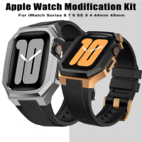 Top Modification Kit for For Apple Watch Series 8 7 6 SE 5 4 44mm 45mm Stainless Steel Case Fluoro rubber Strap Sport Band