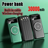 Portable 30000mAh Super Large Battery Capacity Wireless Charging Powerbank With Built-In Cable for iPhone Samsung Huawei Xiaomi
