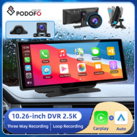 Podofo 10.26inch Car DVR 2.5K Front Camera Dash Cam Front and Rear Three Camera Wireless Carplay Monitor auto Dashboard Monitor