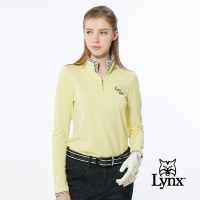 【Lynx Golf】女款假兩件設計內刷毛網眼材質Lynx字樣繡花長袖立領POLO衫-黃色