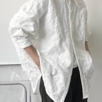 XITAO New Crumpled Jacquard Shirt Loose Fashion Solid Color Casual Turn-down Collar Top New All-match Bat Wing Sleeve WMD5191