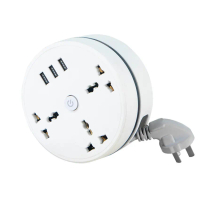 รางปลั๊กไฟอเนกประสงค์แบบกลม ปลั๊กต่อแบบพกพา ที่ชาร์จโทรศัพท์ USB พร้อมสาย USB 3 เส้น ปลั๊ก UK บ้านอั