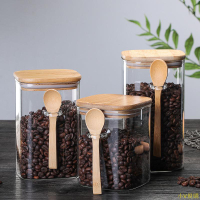 小V優購日式方形玻璃密封罐家用咖啡豆儲存罐帶木勺調料瓶廚房食品儲物罐