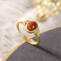 天然橢圓形s925古法金故宮人造南紅寶石女款開口精美時尚古典戒指
