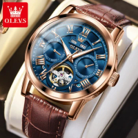 OLEVS 6668 Fashion Mechanical Watch Gift Genuine Leather Watchband Round-dial