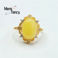 Natural s925 Silver Inlaid Honey Wax Chicken Oil Yellow Amber Egg Face Ring Charm Elegant Personalized Fashion Versatile Jewelry