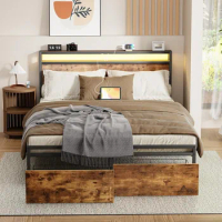 King Bed Frame With Charging Station, USB Ports &amp; Outlets, King Size Platform Bed With Headboard, No Box Spring Needed Bed Base