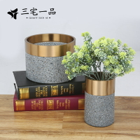 現代樣板房間軟裝飾品桌面圓筒型古銅金屬人造石花瓶花架擺件