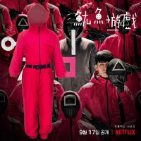Selangor spot delivery:Guard/Boss Squid Game Cosplay Costume Red Man Costume Jumpsuit Glove Mask Hoo