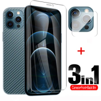 For Apple iphone 12 mini 11 pro x xr xs max se Soft Back Carbon Fiber Film + Tempered Glass Front Screen Protector Lens Film