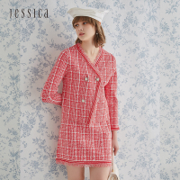 JESSICA - 紅色精緻百搭雙排扣斜門襟格紋針織開衫外套