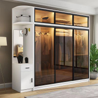 現代簡約家用臥室推拉門衣柜主臥輕奢玻璃門衣柜組合整體移門衣櫥