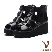 【Vecchio】真皮涼鞋 坡跟涼鞋 魚嘴涼鞋/真皮頭層牛皮防水台坡跟魚嘴羅馬涼鞋(黑)