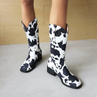 BLXQPYT Botas De Mujer 2021 Women Mid-calf Retro Western Cowboy Autumn Winter Boot Print Cows Boots Shoes Plus Size 48 88-12