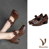 【Vecchio】真皮跟鞋 粗跟跟鞋/全真皮頭層牛皮復古幾何縷空木釦一字帶設計粗跟鞋(棕)