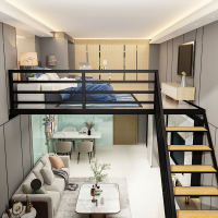 現代簡約鋼木復試閣樓床小戶省空間公寓懸掛多功能儲物金屬床定制