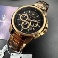 MASERATI44mm圓形金色精鋼錶殼黑色錶盤精鋼金色錶帶款R8873621013
