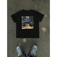 Kucing Selfie Lucu dan T-Shirt Lengan Pendek Leher Krew BMW (Lelaki)